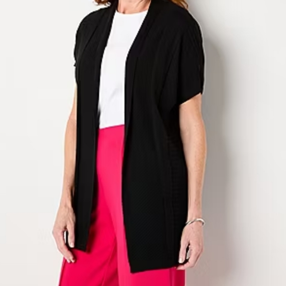Liz Claiborne Short Sleeve Black Open Front Cardigan